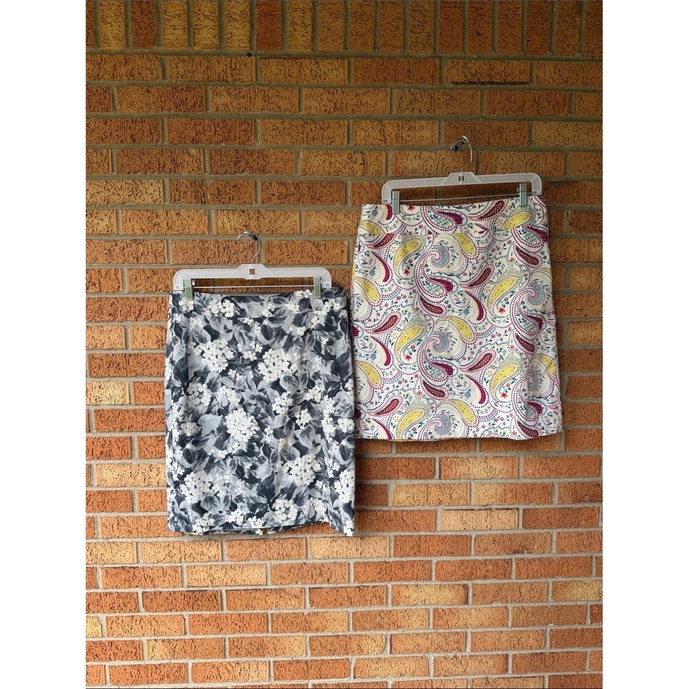 Talbots Midi Skirt Bundle 10 White & Colorful Paisley and Smokey Gray w Flowers